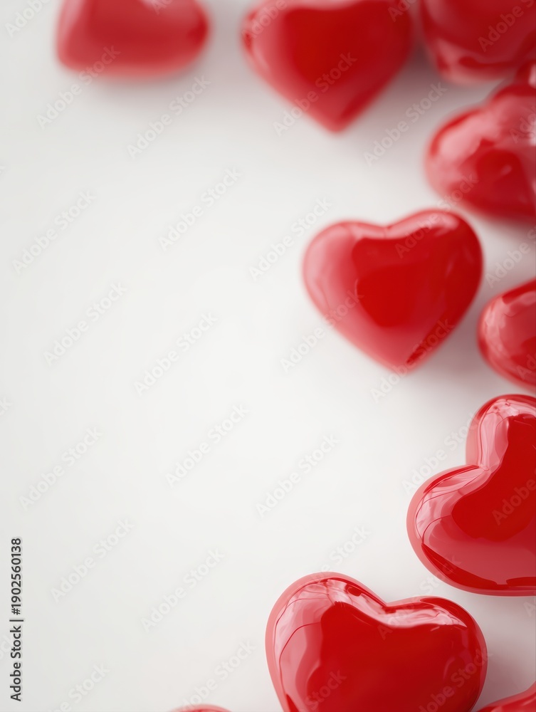 Fototapeta premium Valentine Day poster design with glossy red hearts on clean white background and copy space,