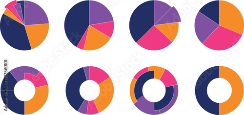 Collection of colorful pie and donut charts showing business data percentages, analytics segments, and statistical infographic elements