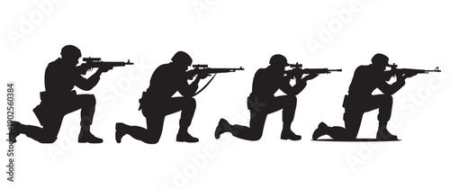 Four soldiers kneeling with rifles, silhouette in combat ready poses, military action scene