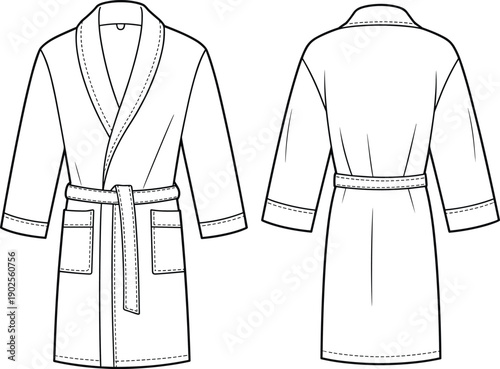 Fashion technical flat sketch of a unisex bathrobe featuring a classic shawl collar, long sleeves, front patch pockets, adjustable waist tie belt, and mid-thigh length silhouette.