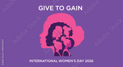 International Women’s Day 2026 Empowerment Illustration with Diverse Female Silhouettes Purple Gradient