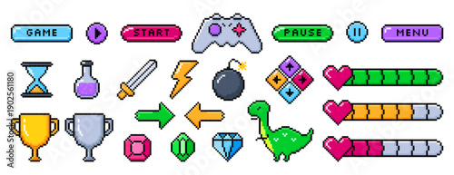 Pixel art 8bit arcade ui buttons, arrows, gaming controller, life bar with hearts. Video game item symbols, interface menu icons vector set. Pixelated winner trophy cups, gemstones, elixir in flask