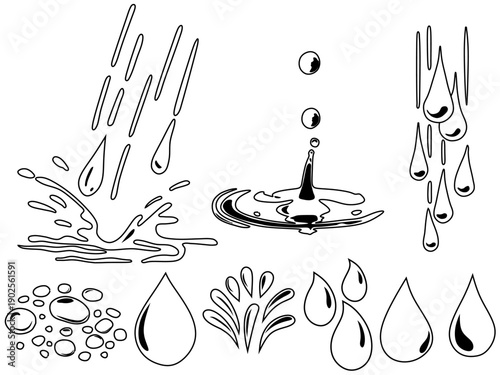 Black and white water droplet illustration with splash, ripple, and rain effects. Perfect for design, nature, and fluid motion themes