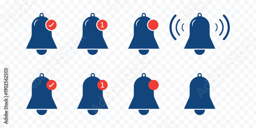 Get notified.  Incoming inbox message. Ringing bell, reminder or subscriber sign for apps, smartphone, alarm alert. bells with checkmarks Vector. Simple notification bells. for logo, and UI concepts