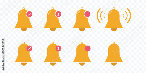 Get notified.  Incoming inbox message. Ringing bell, reminder or subscriber sign for apps, smartphone, alarm alert. bells with checkmarks Vector. Simple notification bells. for logo, and UI concepts
