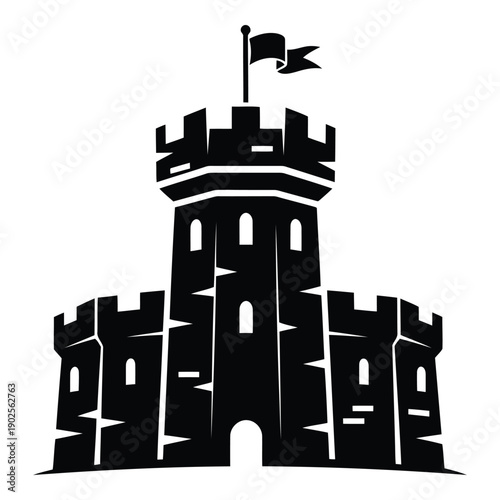 A majestic medieval castle with a flag on top, surrounded by sturdy walls and battlements. isolated on white background, Vector