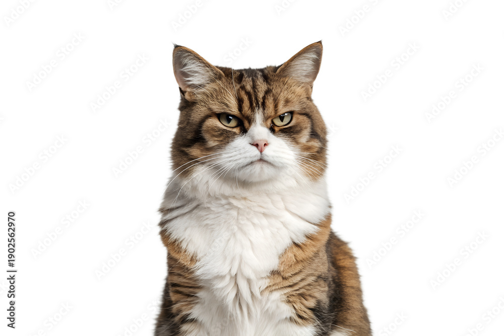 Obraz premium photorealistic cat with annoyed expression, crossed paws, minimalist portrait, clean background, soft studio light