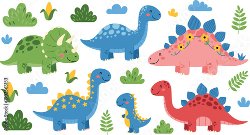 Cute colorful cartoon dinosaurs set with plants and clouds, friendly prehistoric animals for kids education, nursery decor, and playful design