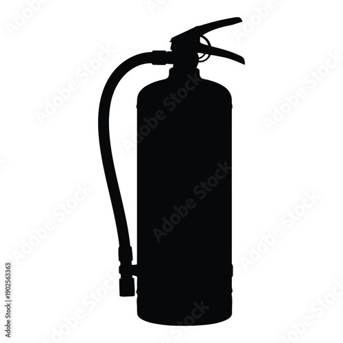 A black and white image of a fire extinguisher with a hose attached. isolated on white background, Vector
