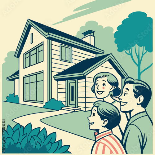 Family standing in front of a house with a boy and parents looking up
