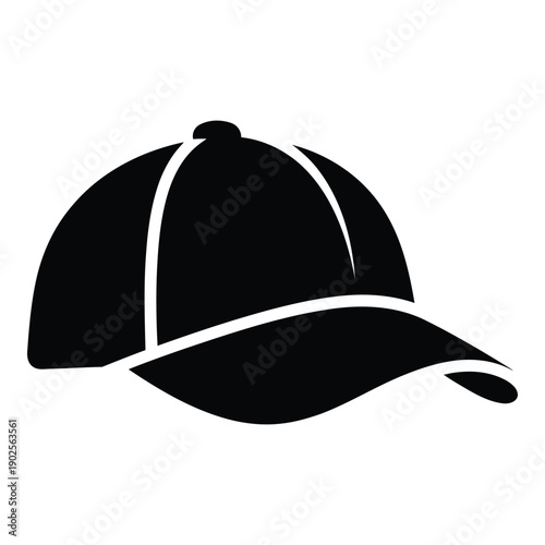 A black and white illustration of a baseball cap with a curved brim and a button on top isolated on white background, Vector
