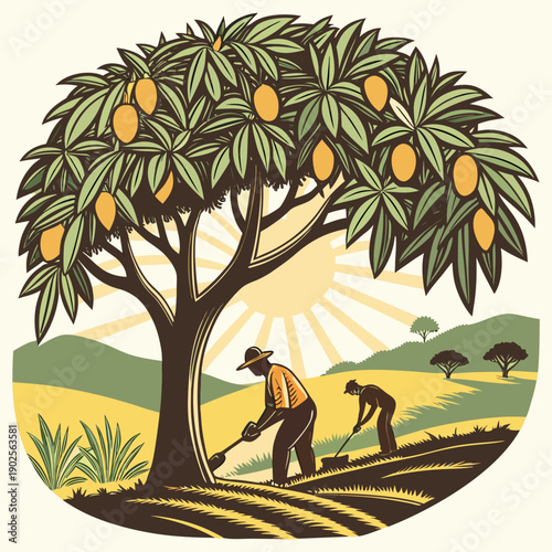 Farmers working under fruit tree in field farming agriculture