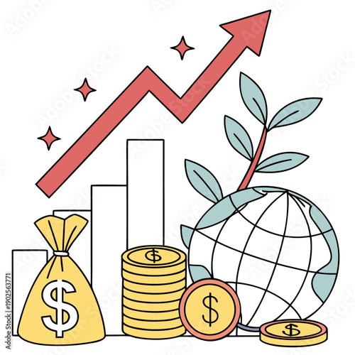 Financial growth theme with money bag coins globe and rising arrow