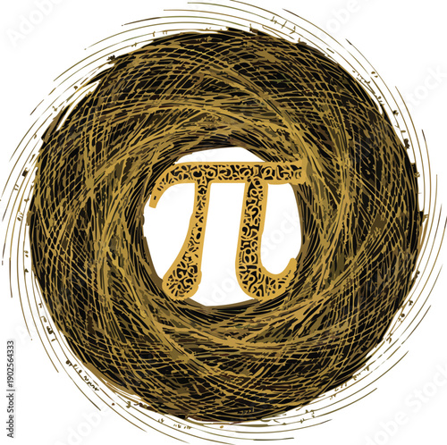Gold Pi symbol centered in a circular bird nest style texture on white background