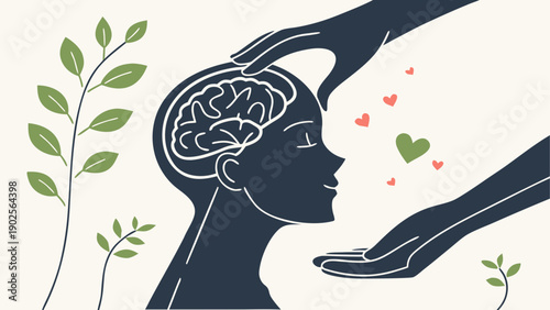 A silhouette of a person's head showcasing brain and heart connection with nature elements