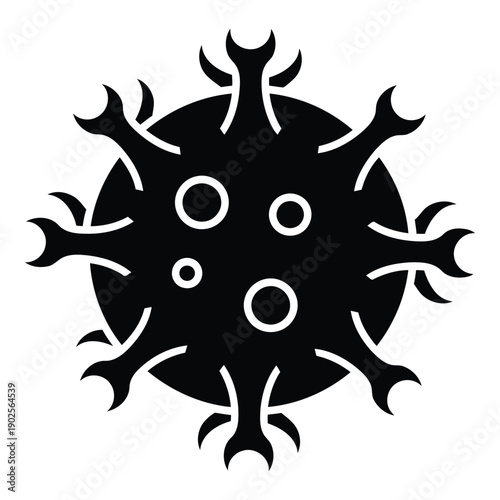 Abstract black and white illustration of a virus with multiple protruding spikes and circular patterns. isolated on white background, Vector