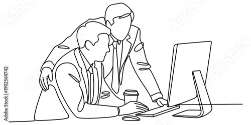 Continuous line drawing of two businessmen working together at a computer in an office setting. Vector, illustration