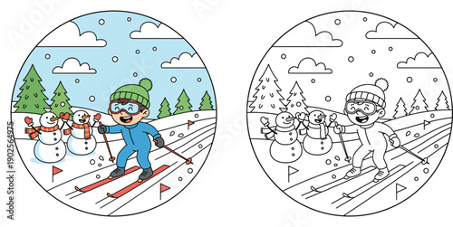 Coloring book page cartoon boy skiing in winter landscape with snowmen and pine trees vector illustration