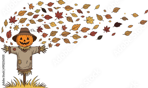 Scarecrow with Leaves and Pumpkin Head.