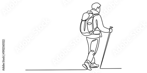 Continuous line drawing of a male hiker with a backpack and walking stick on a journey. Vector, illustration