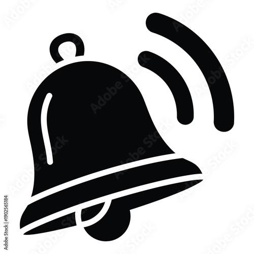 A black and white illustration of a bell with sound waves emanating from it. isolated on white background, Vector