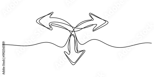 Continuous line drawing of three arrows pointing in different directions for decision making Vector, illustration