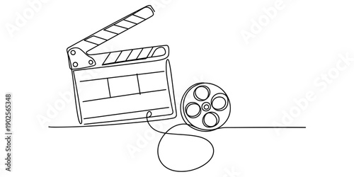 Continuous line drawing of a movie clapperboard and film reel on a white background Vector, illustration