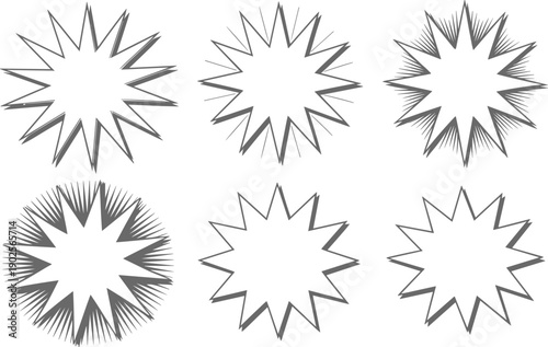 Six geometric starburst patterns with varying line densities in black and white line radial d