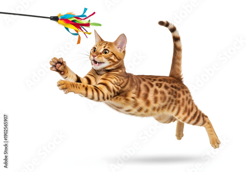 A playful cat jumping in the air to catch a colorful toy