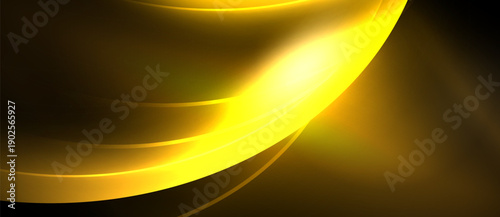 Abstract golden curves flow across dark background. Bright light emanates from central point, creating dynamic visual effect. Smooth gradients define shapes.