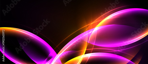 Abstract vibrant light shapes overlap, creating dynamic energy. Bright colors contrast dark background. Smooth curves suggest movement, depth.