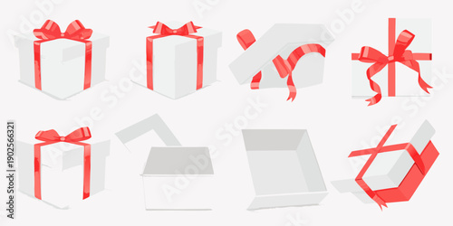 Assorted white gift boxes with red ribbons in various perspectives