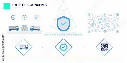 Logistics concepts illustration featuring trucks security and qr codes