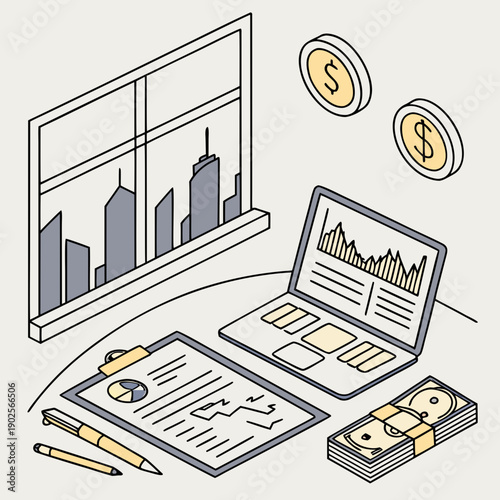 Financial planning with laptop money and cityscape