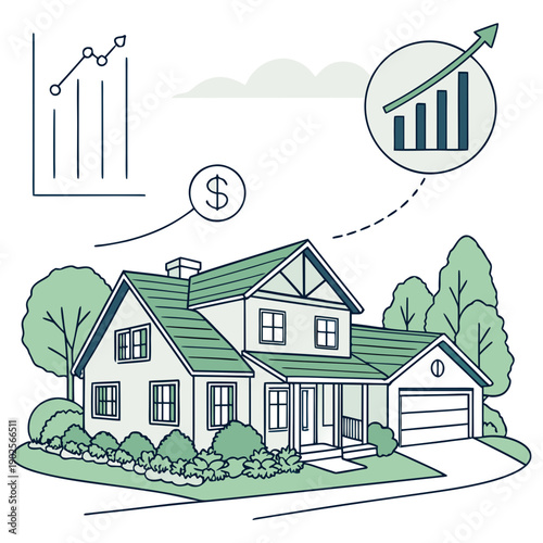 Green house with graphs showing property value increase