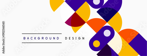 Abstract geometric shapes overlap, creating vibrant color blocks. Design features purple, orange, red, yellow hues. Minimalist style.