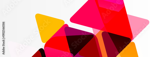 Abstract geometric shapes overlap, creating vibrant color blocks. Red, pink, orange hues dominate white background. Modern design.