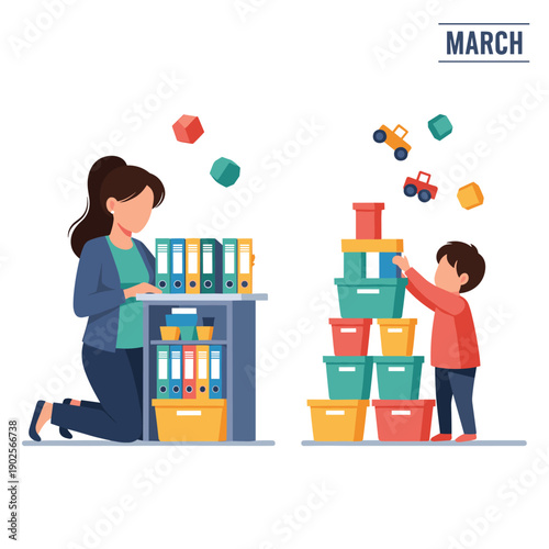 Mother and son engage in organizing activities for the month of March, with the woman arranging binders and the boy playfully stacking colorful bins and toy cars together.