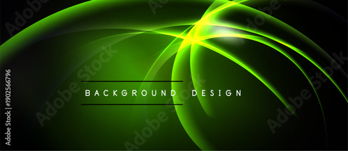 Abstract green light streaks form dynamic curved shapes. Bright focal point radiates energy, creating modern background design.