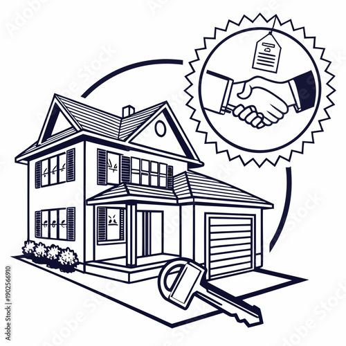 House with garage and handshake over property deed