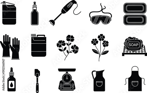 A collection of black silhouette icons representing essential tools and ingredients for homemade soap making