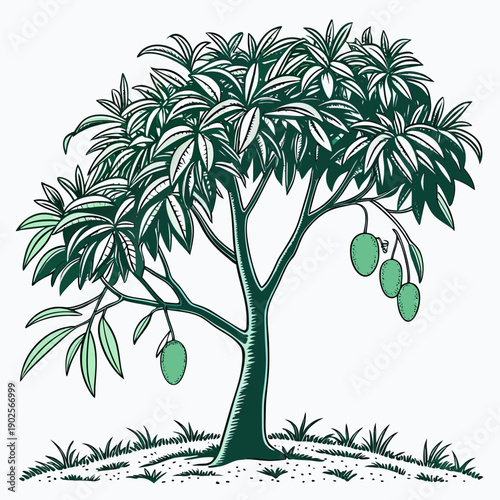 Green mango tree with fruit and leaves on white background 2