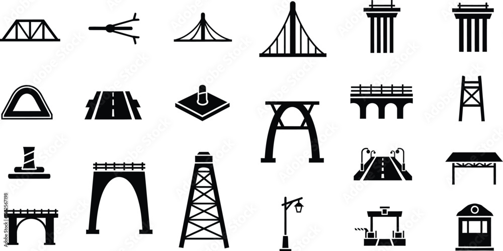 Naklejka premium A collection of black silhouette icons representing various bridge types and architectural structures
