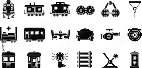 A comprehensive collection of black and white icons representing various aspects of railway travel and infrastructure