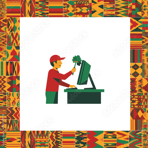 Person carefully dusts a computer monitor in a simple graphic, framed by a vibrant and colorful traditional Kente cloth pattern celebrating African heritage and culture.
