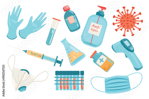 Coronavirus prevention and treatment supplies medical kit for covid 19 illness protection and healthcare