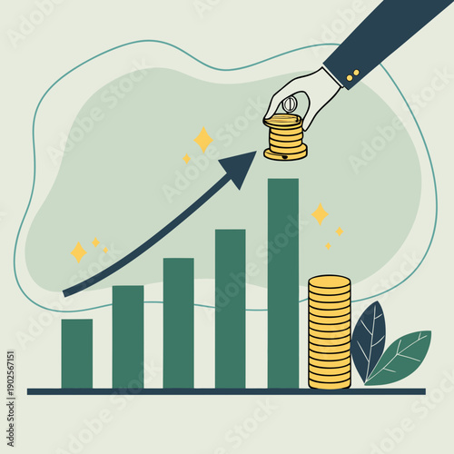 Hand placing coins on growing bar graph with upward trend