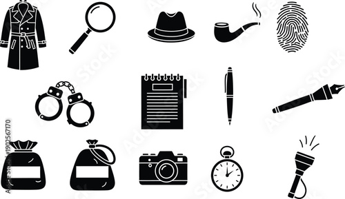 A collection of black and white silhouette icons representing items used in detective investigations and solving mysteries