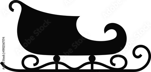 Santa Claus sleigh silhouette isolated on white background, minimalist black Christmas holiday icon with decorative curls for winter greeting cards, festive seasonal design and branding