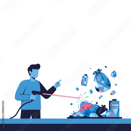 Man uses a futuristic laser gun to break down a pile of trash and recyclables, a conceptual illustration of advanced waste management and recycling technology solutions.